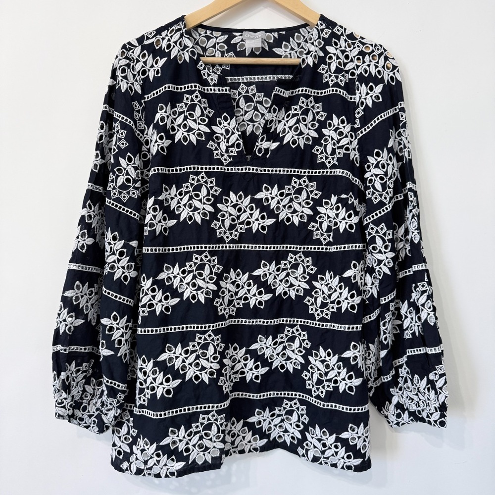Chicos Embroidered Eyelet‎ Floral Top Size 2 (12/14) Midnight Blue White Cottage